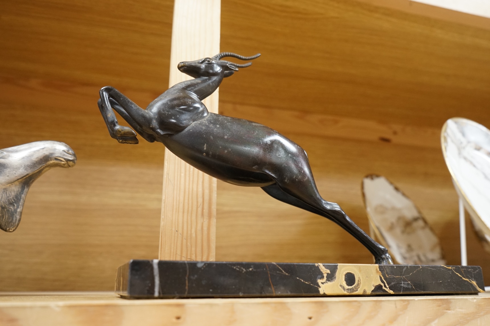 A Kayserzinn Versilbert ‘moose’ centrepiece with presentation inscription dated 1907, 47cm wide